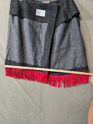 Women's Gray Wrap Mini Skirt Red Fringe Hem Western Cowgirl Boho Rodeo 3