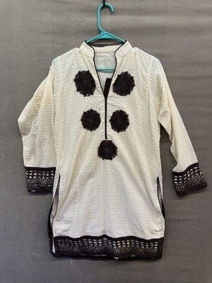 Boho Tunic Womens Large White Brown Crochet Eyelet Embroidered Top Pre-Owned