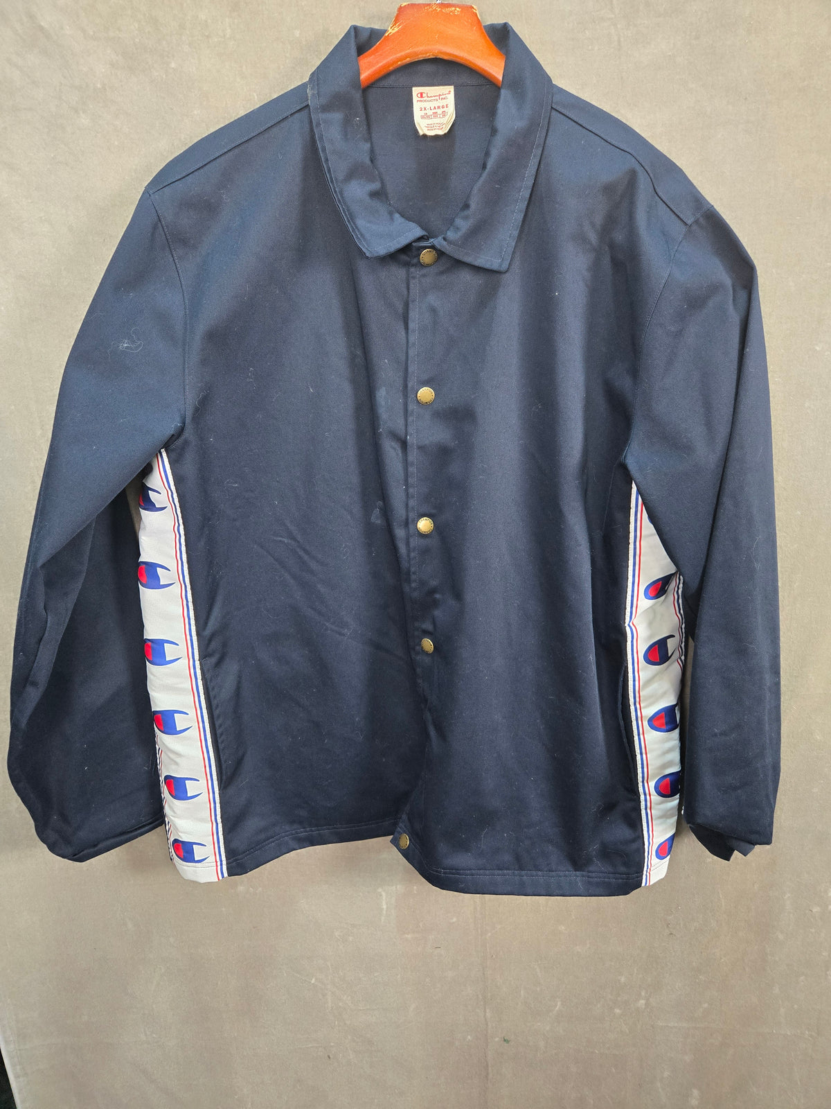 Champion Logo Tape Men's Navy Snap Coach Jacket Windbreaker Size 2X-Large