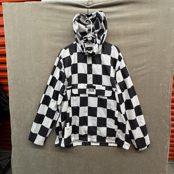 Obey Jacket Mens XL Black White Checkered Anorak Windbreaker Hooded Half Zip