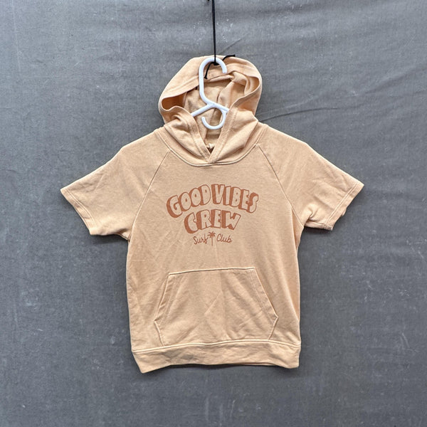 Old Navy Hoodie Youth Large 10-12 Tan Short Sleeve Graphic Good Vibes Surf Club