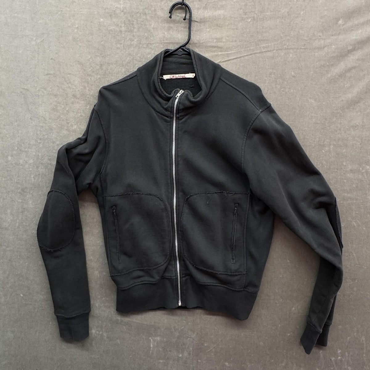 Organic Zip Jacket Womens Small Black Mock Neck Cotton Elbow Patches Zip Pockets