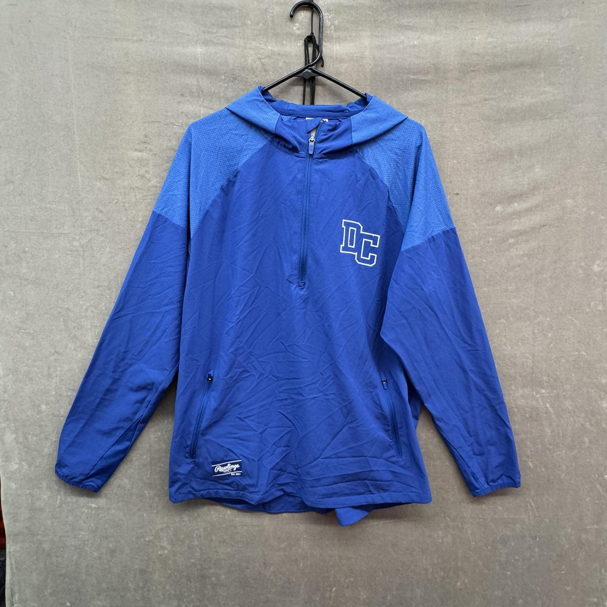 Rawlings Pullover Jacket Mens Large Blue Hooded Quarter Zip DC Logo Windbreaker